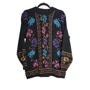 Vintage 80s Womens Black Floral Knit‎ Sweater Sparkle Pullover Sweater